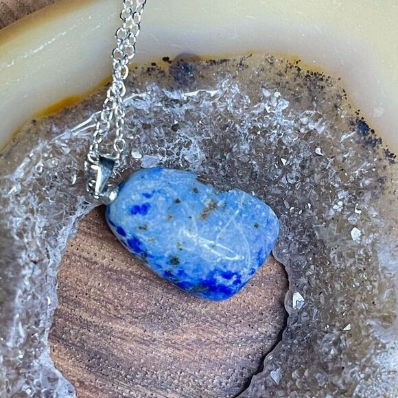 Denim Lapis Lazuli tumble pendant pyrite necklace silver plated blue gold - Picture 1 of 9